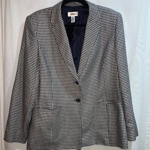 Vintage Talbots Silk Blend Houndstooth Blazer jacket Sz 14 navy blue & off white